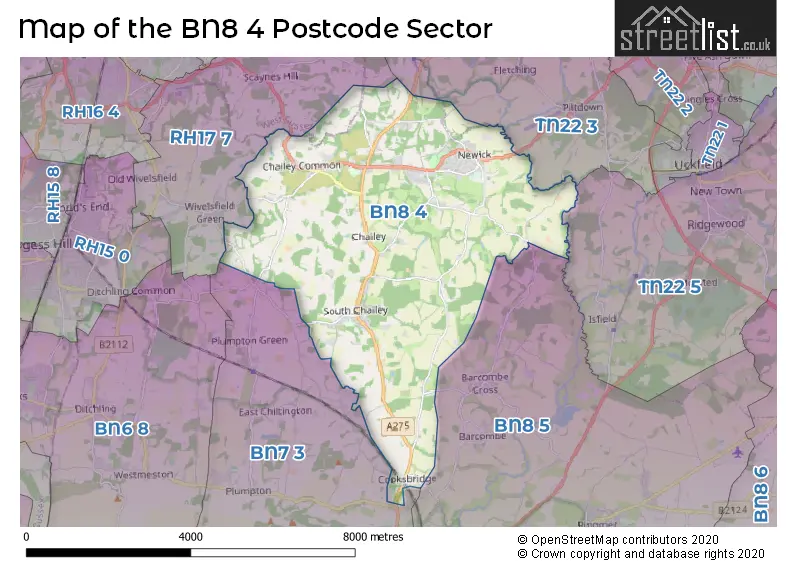 Map of the BN8 4 and surrounding postcode sector