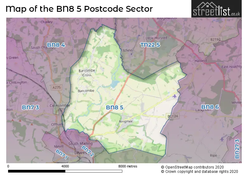 Map of the BN8 5 and surrounding postcode sector