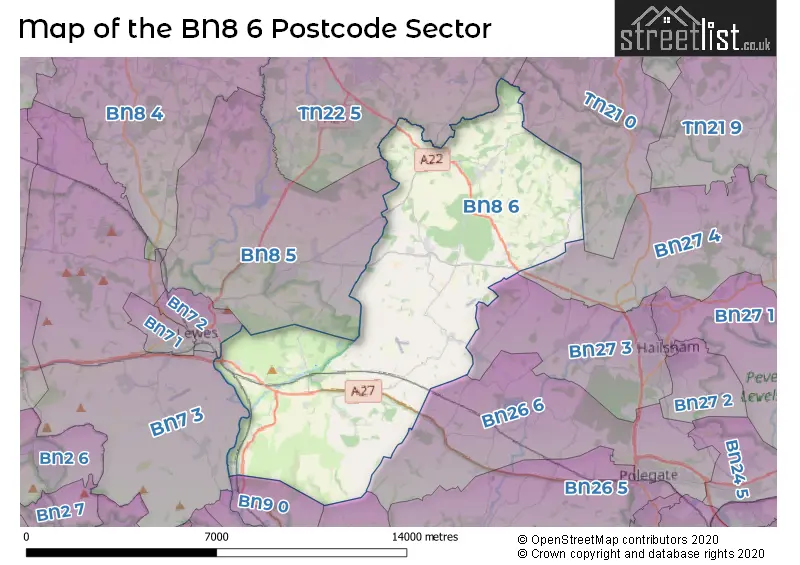 Map of the BN8 6 and surrounding postcode sector