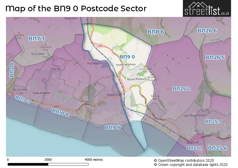 Map of the BN9 0 and surrounding postcode sector