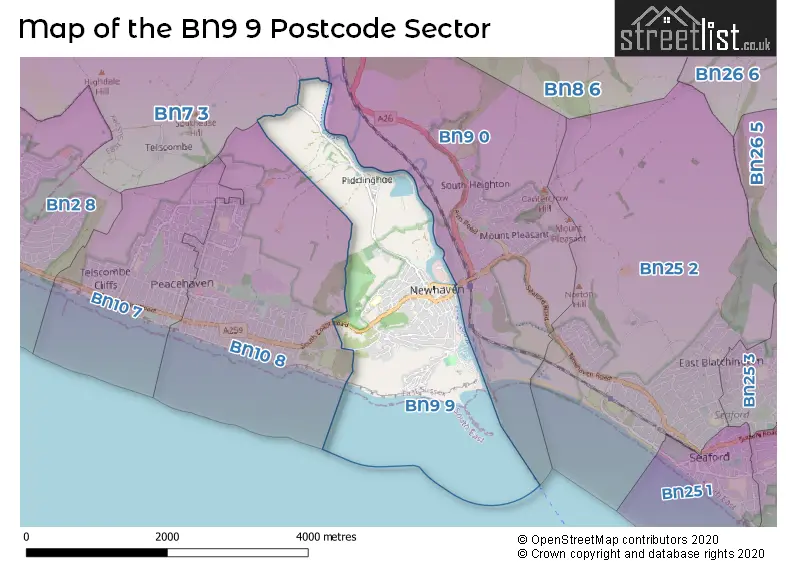 Map of the BN9 9 and surrounding postcode sector