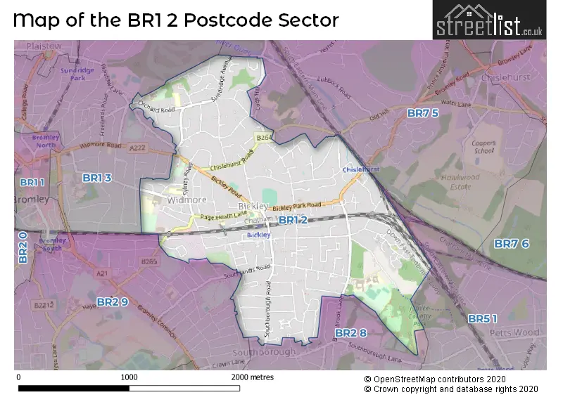 Map of the BR1 2 and surrounding postcode sector