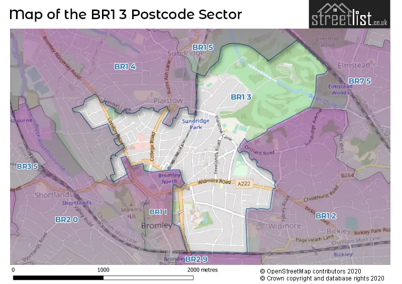 Map of the BR1 3 and surrounding postcode sector