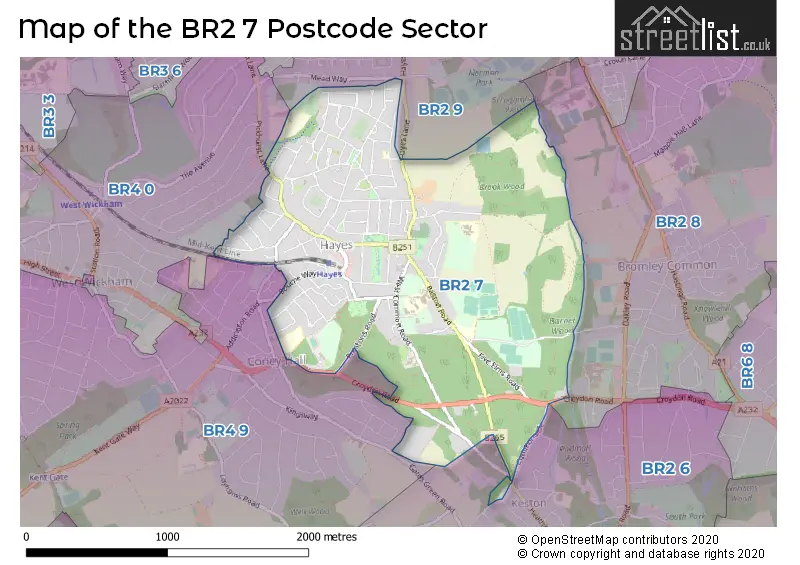 Map of the BR2 7 and surrounding postcode sector