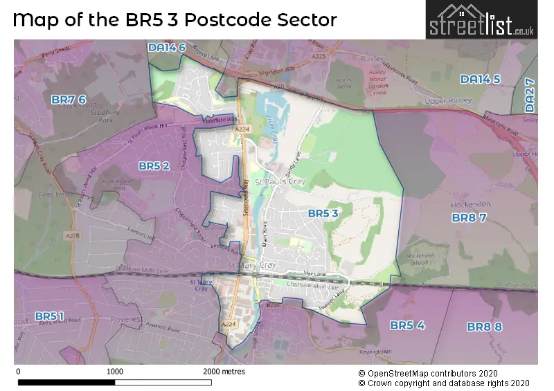 Map of the BR5 3 and surrounding postcode sector