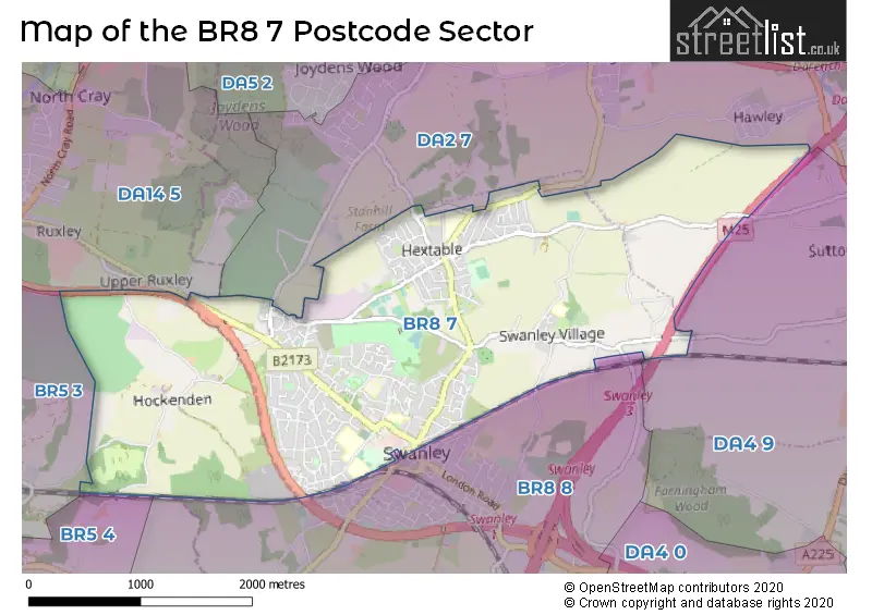 Map of the BR8 7 and surrounding postcode sector