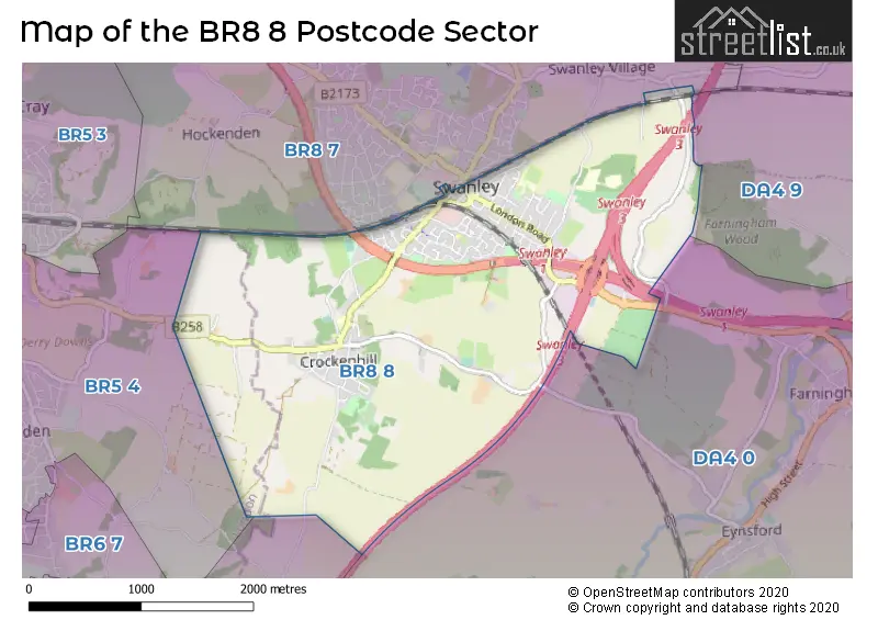 Map of the BR8 8 and surrounding postcode sector