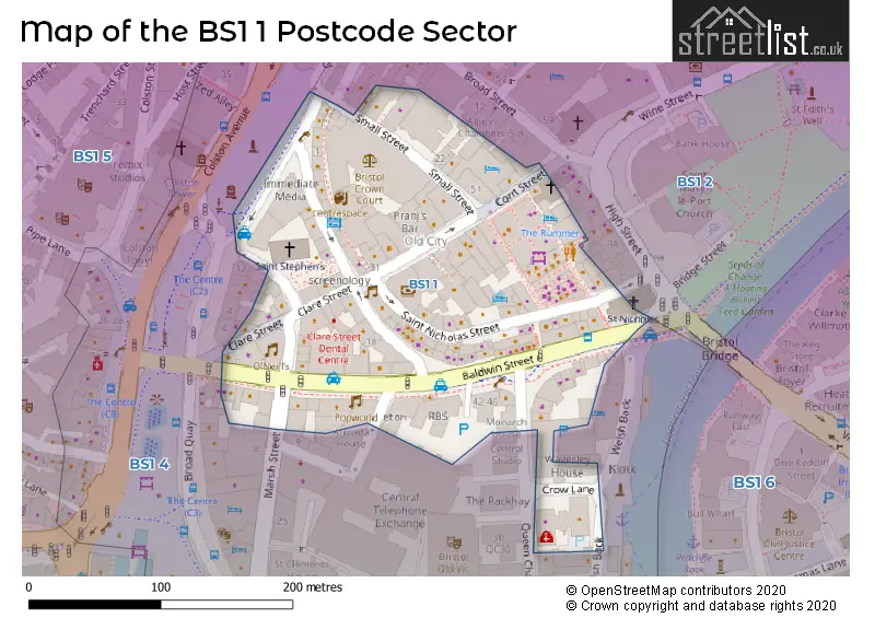 Map of the BS1 1 and surrounding postcode sector