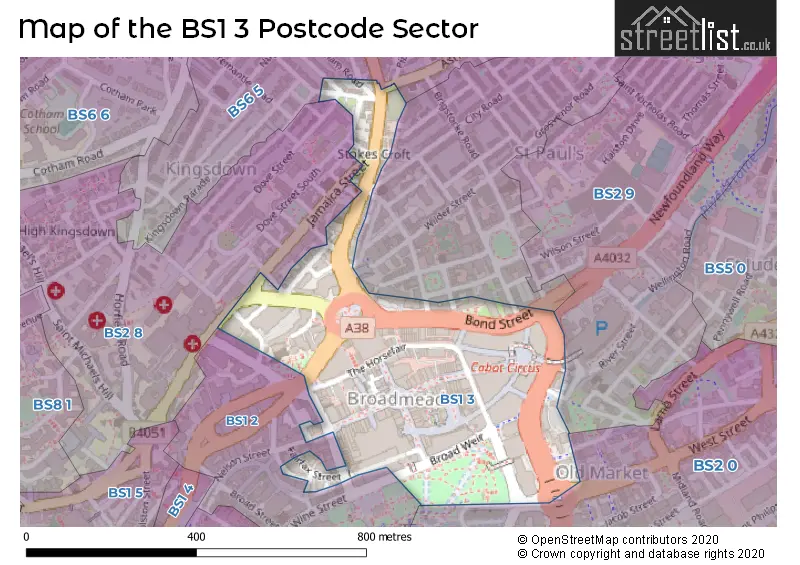Map of the BS1 3 and surrounding postcode sector