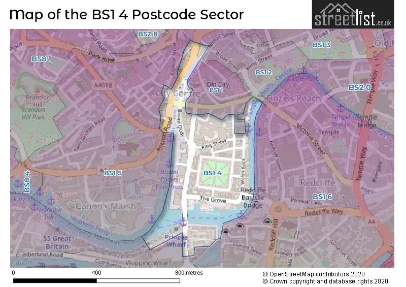Map of the BS1 4 and surrounding postcode sector