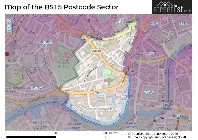 Map of the BS1 5 and surrounding postcode sector