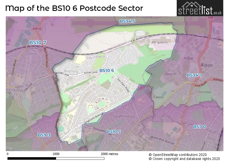 Map of the BS10 6 and surrounding postcode sector