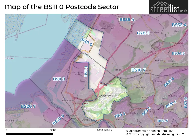 Map of the BS11 0 and surrounding postcode sector
