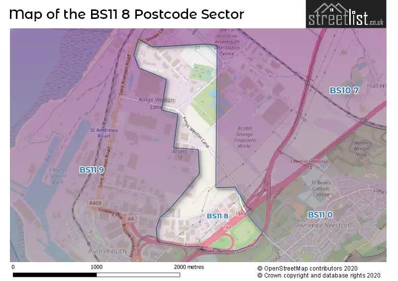 Map of the BS11 8 and surrounding postcode sector