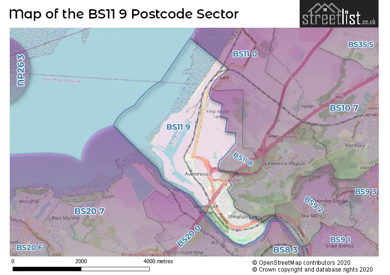 Map of the BS11 9 and surrounding postcode sector