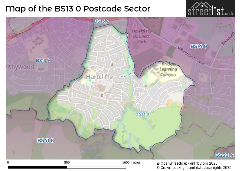 Map of the BS13 0 and surrounding postcode sector