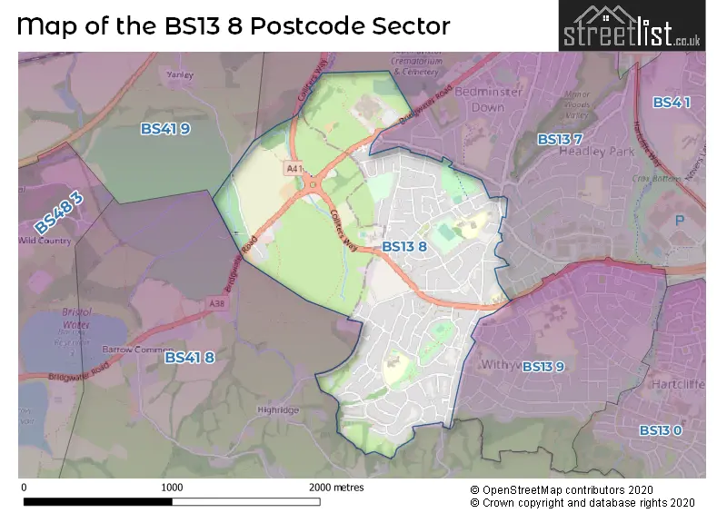 Map of the BS13 8 and surrounding postcode sector