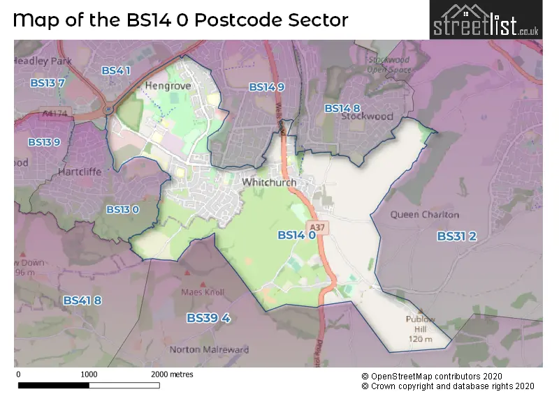 Map of the BS14 0 and surrounding postcode sector