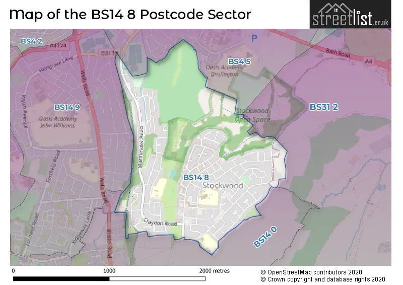 Map of the BS14 8 and surrounding postcode sector