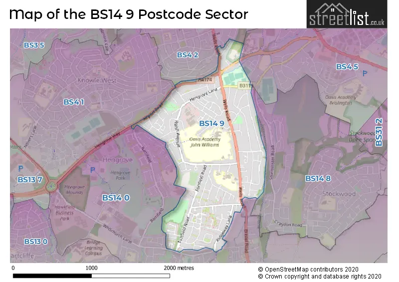 Map of the BS14 9 and surrounding postcode sector