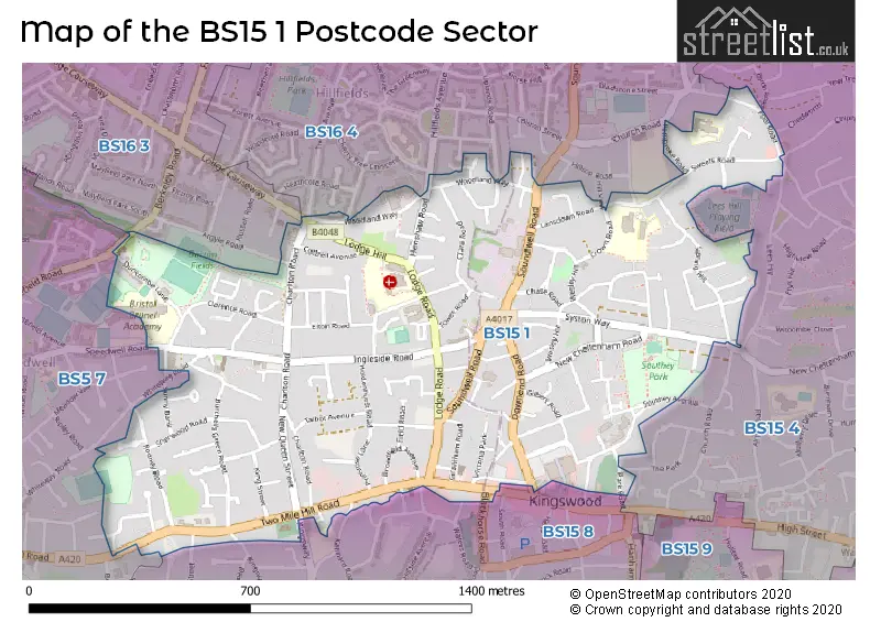 Map of the BS15 1 and surrounding postcode sector