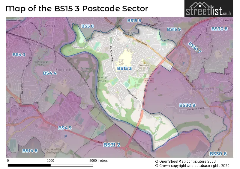 Map of the BS15 3 and surrounding postcode sector