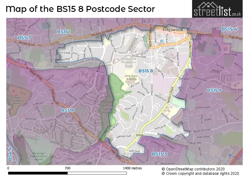 Map of the BS15 8 and surrounding postcode sector