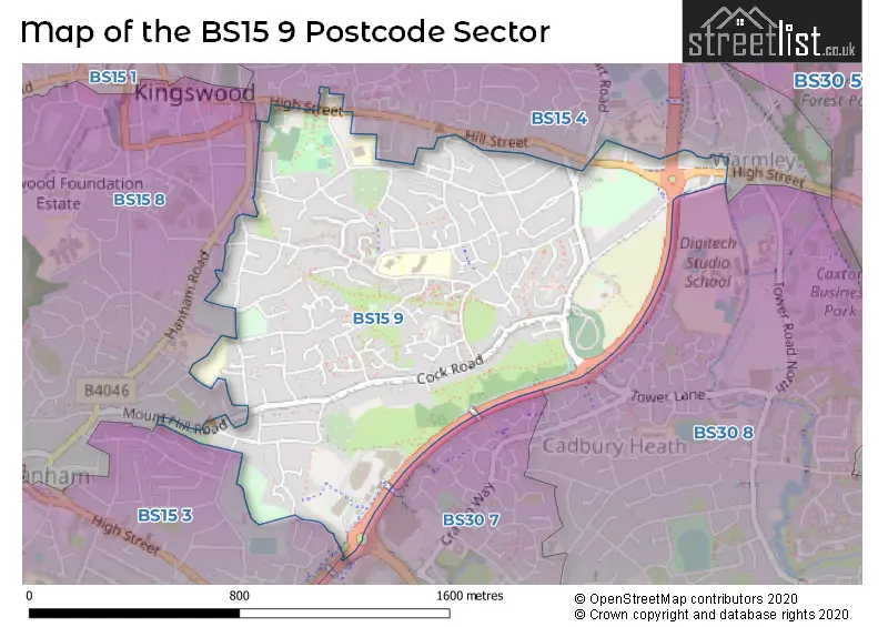 Map of the BS15 9 and surrounding postcode sector
