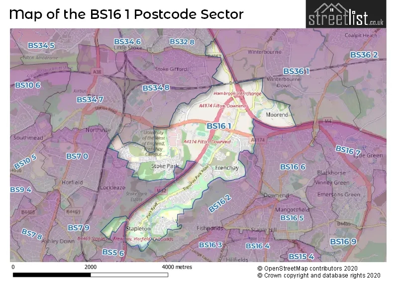 Map of the BS16 1 and surrounding postcode sector