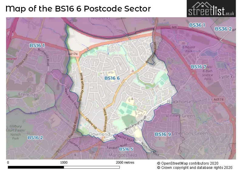 Map of the BS16 6 and surrounding postcode sector