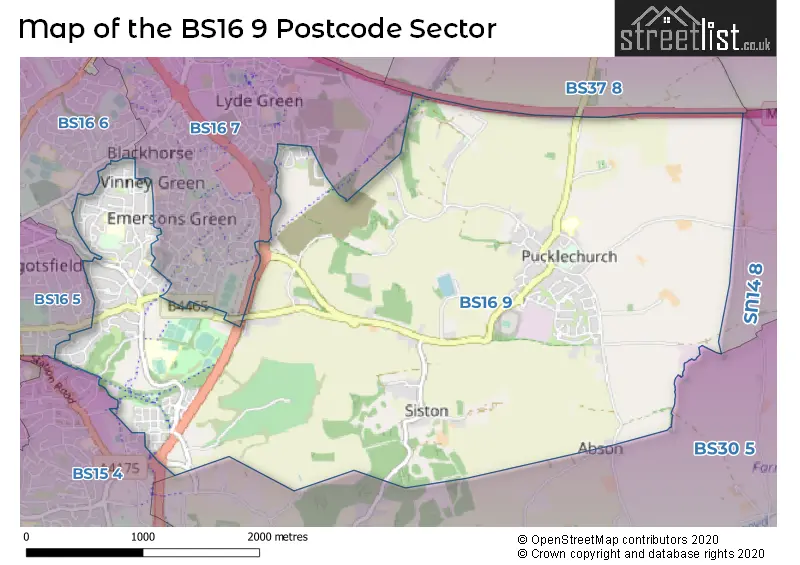 Map of the BS16 9 and surrounding postcode sector