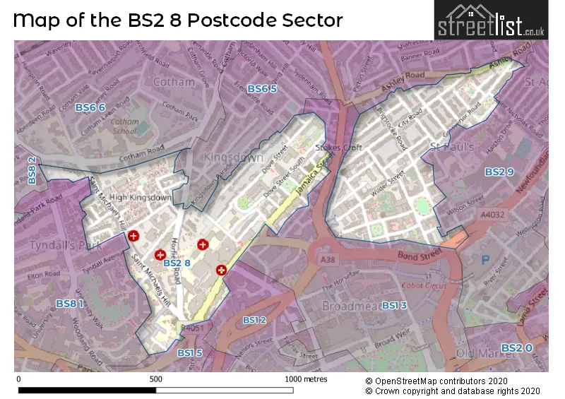 Map of the BS2 8 and surrounding postcode sector