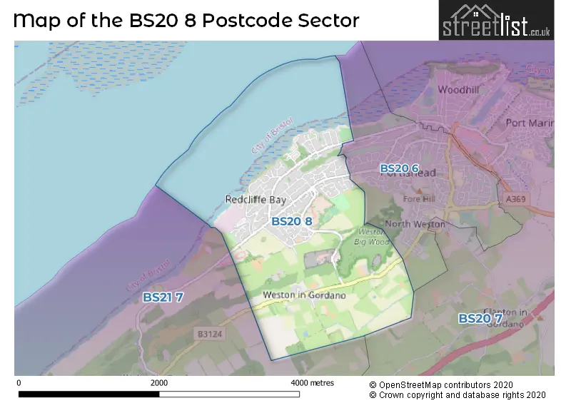 Map of the BS20 8 and surrounding postcode sector