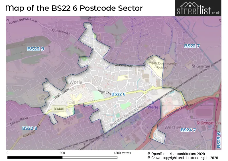 Map of the BS22 6 and surrounding postcode sector