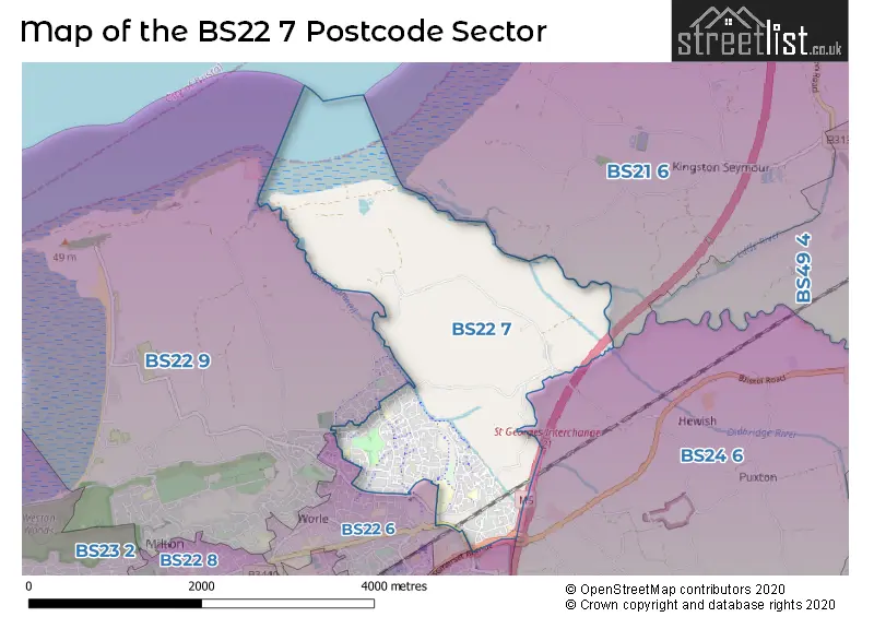 Map of the BS22 7 and surrounding postcode sector