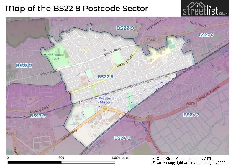 Map of the BS22 8 and surrounding postcode sector