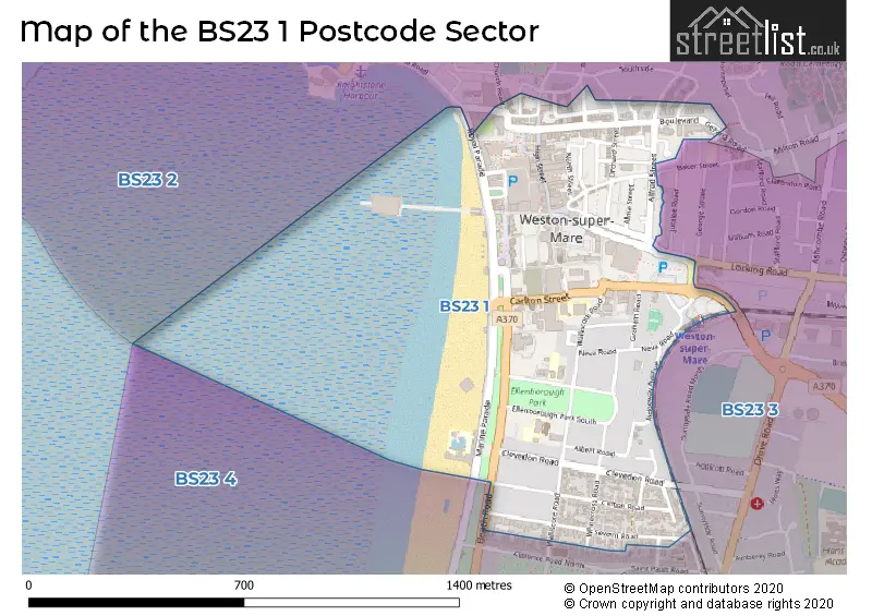 Map of the BS23 1 and surrounding postcode sector
