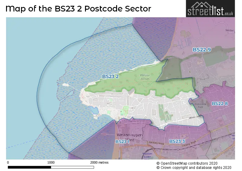 Map of the BS23 2 and surrounding postcode sector