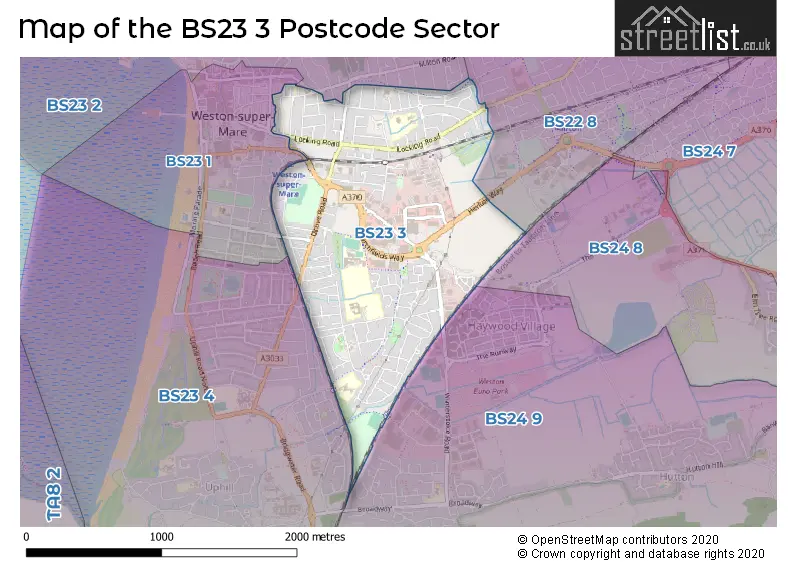 Map of the BS23 3 and surrounding postcode sector