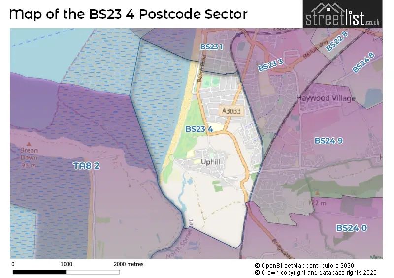 Map of the BS23 4 and surrounding postcode sector