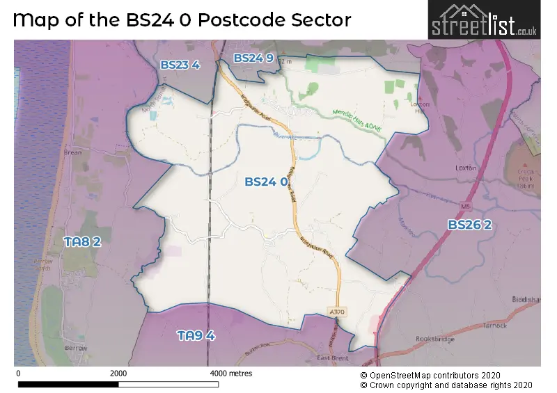 Map of the BS24 0 and surrounding postcode sector