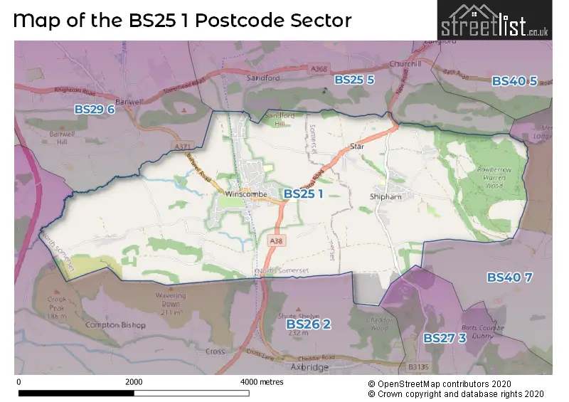 Map of the BS25 1 and surrounding postcode sector