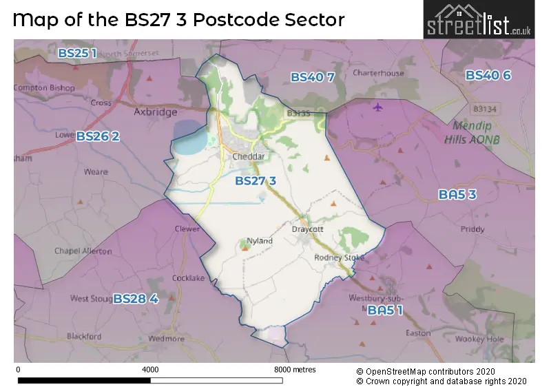 Map of the BS27 3 and surrounding postcode sector