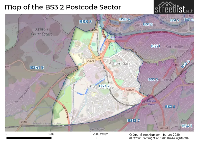 Map of the BS3 2 and surrounding postcode sector