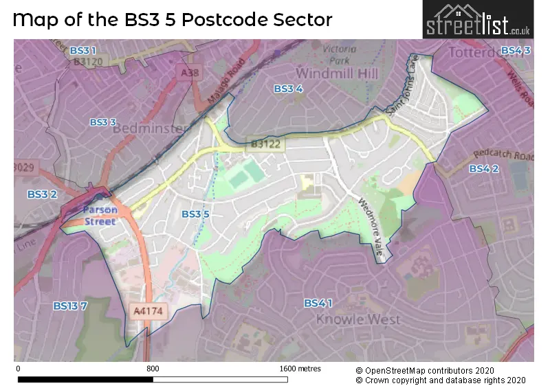 Map of the BS3 5 and surrounding postcode sector