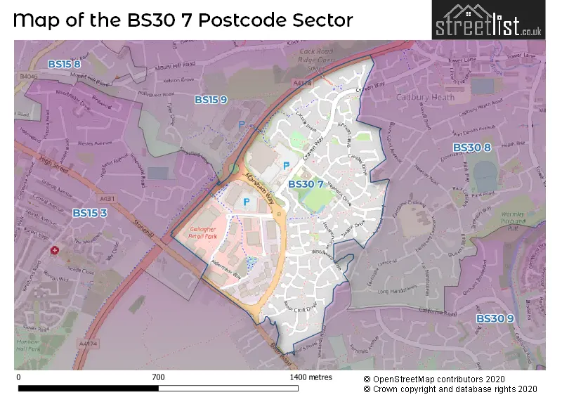 Map of the BS30 7 and surrounding postcode sector