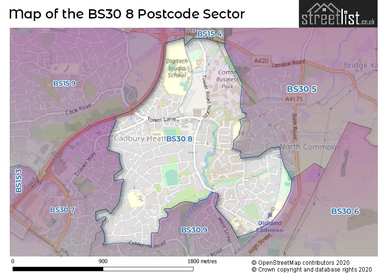 Map of the BS30 8 and surrounding postcode sector