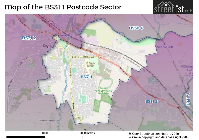 Map of the BS31 1 and surrounding postcode sector