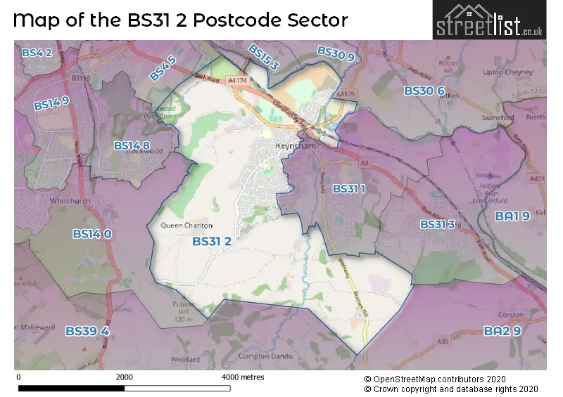 Map of the BS31 2 and surrounding postcode sector