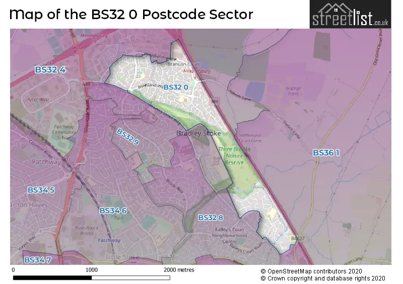 Map of the BS32 0 and surrounding postcode sector